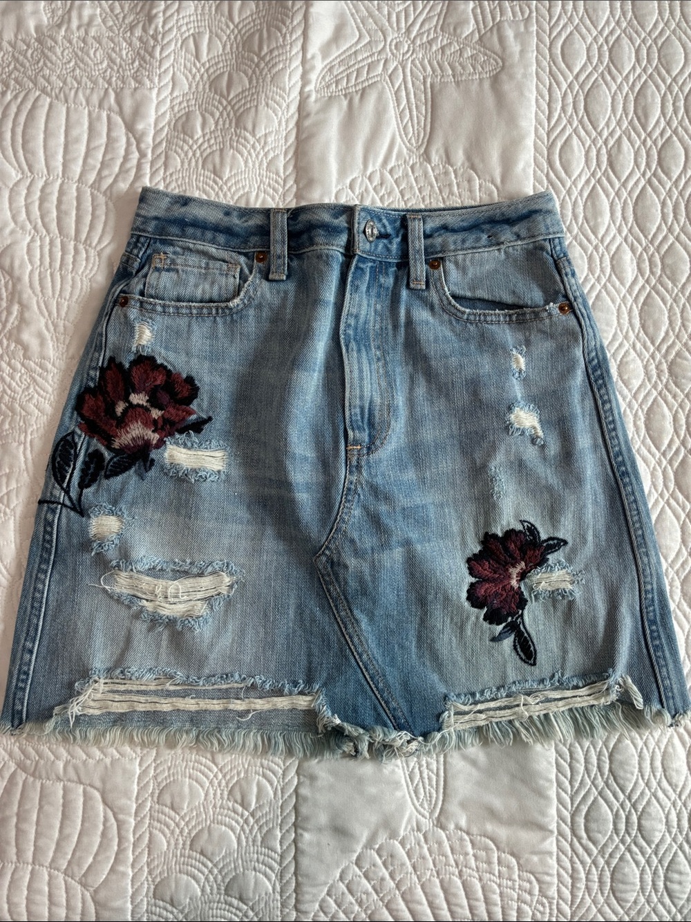 Abercrombie & Fitch Denim Mini Skirt with Embroidered Floral Detail - Light Blue
